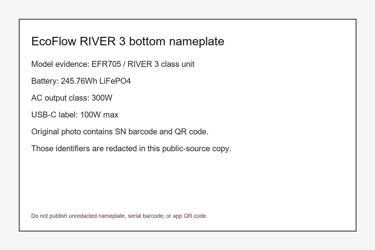 Bottom nameplate label of an EcoFlow RIVER 3 model EFR705 showing 245.76Wh battery capacity and 300W AC output
