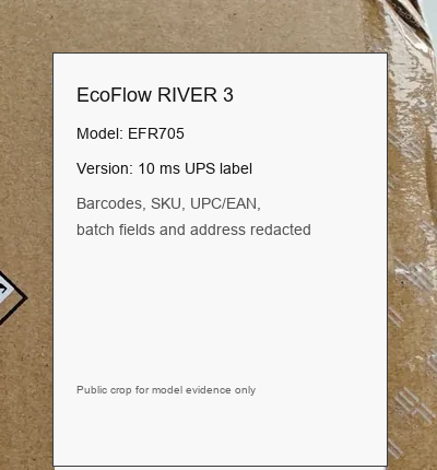 Redacted shipping label evidence identifying the delivered unit as EcoFlow RIVER 3 model EFR705