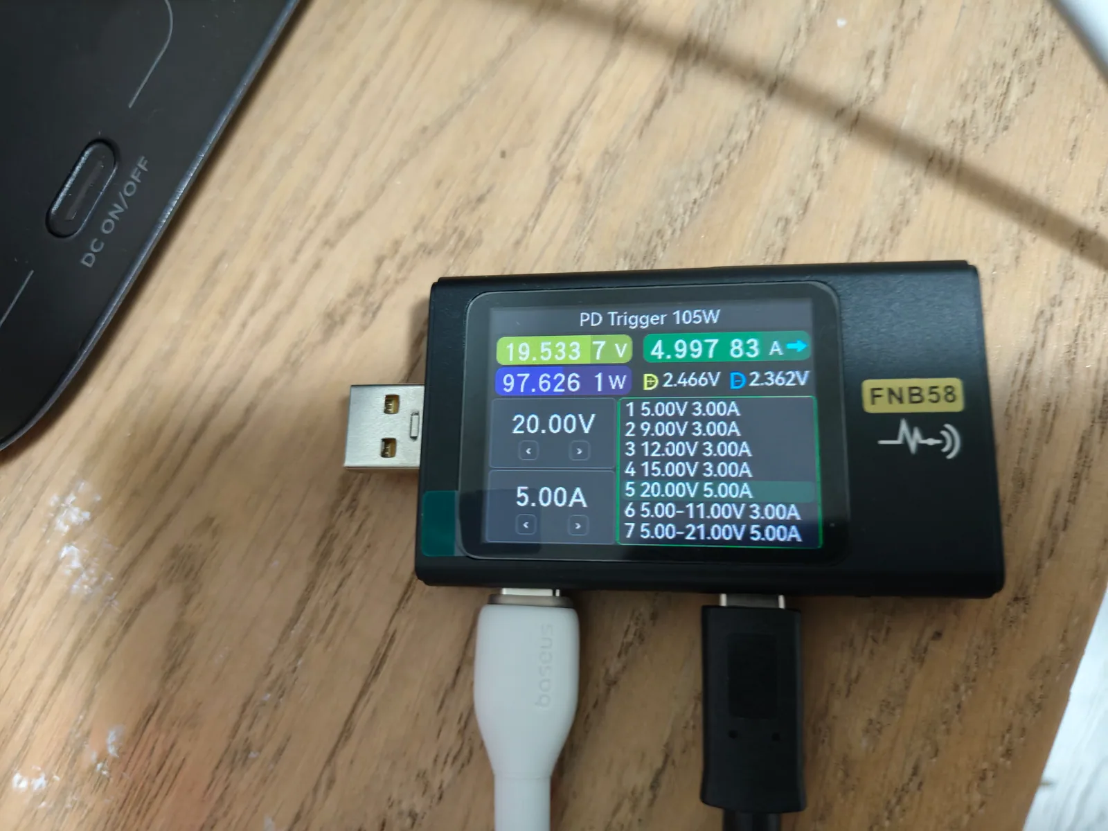FNB58 showing the EcoFlow RIVER 3 delivering about 97.6W from USB-C