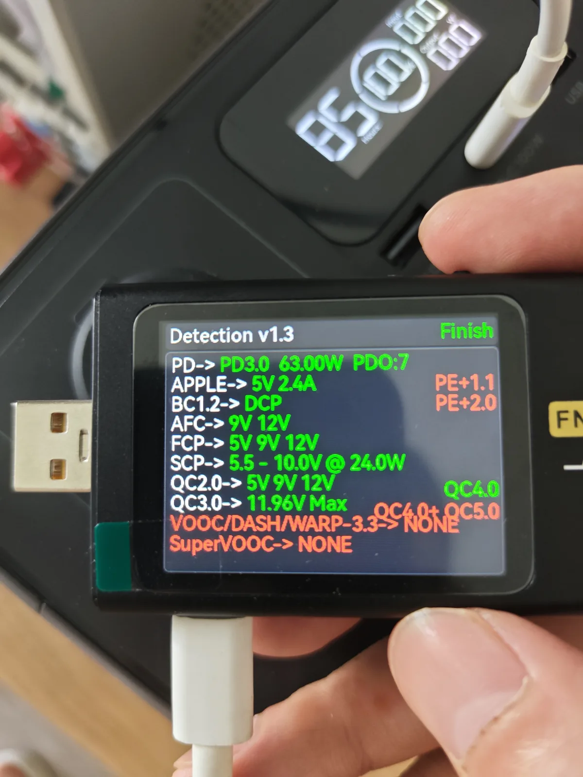 FNB58 protocol detection screen on the EcoFlow RIVER 3 showing PD 3.0 with 7 PDOs at 63W, QC, AFC, FCP and SCP support, and no VOOC or SuperVOOC